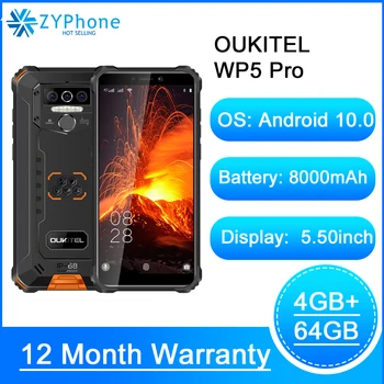 Перейти на Алиэкспресс и купить Водонепроницаемый Смартфон OUKITEL WP5 Pro, 5,5-дюймовый экран, 4 Гб 64 ГБ, IP68, 8000 мАч, Android 10, тройная камера, распознавание лица и отпечатков пальцев, м...