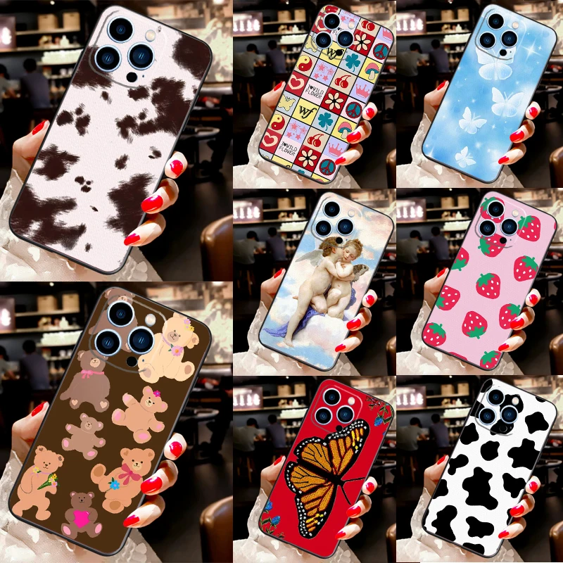 Lucky Butterfly Sky Bear-y Cute Cowhide Case For iPhone 13 12 11 Pro Max XS XR X Full Cover mini 7 8 Plus SE 2020 | Мобильные