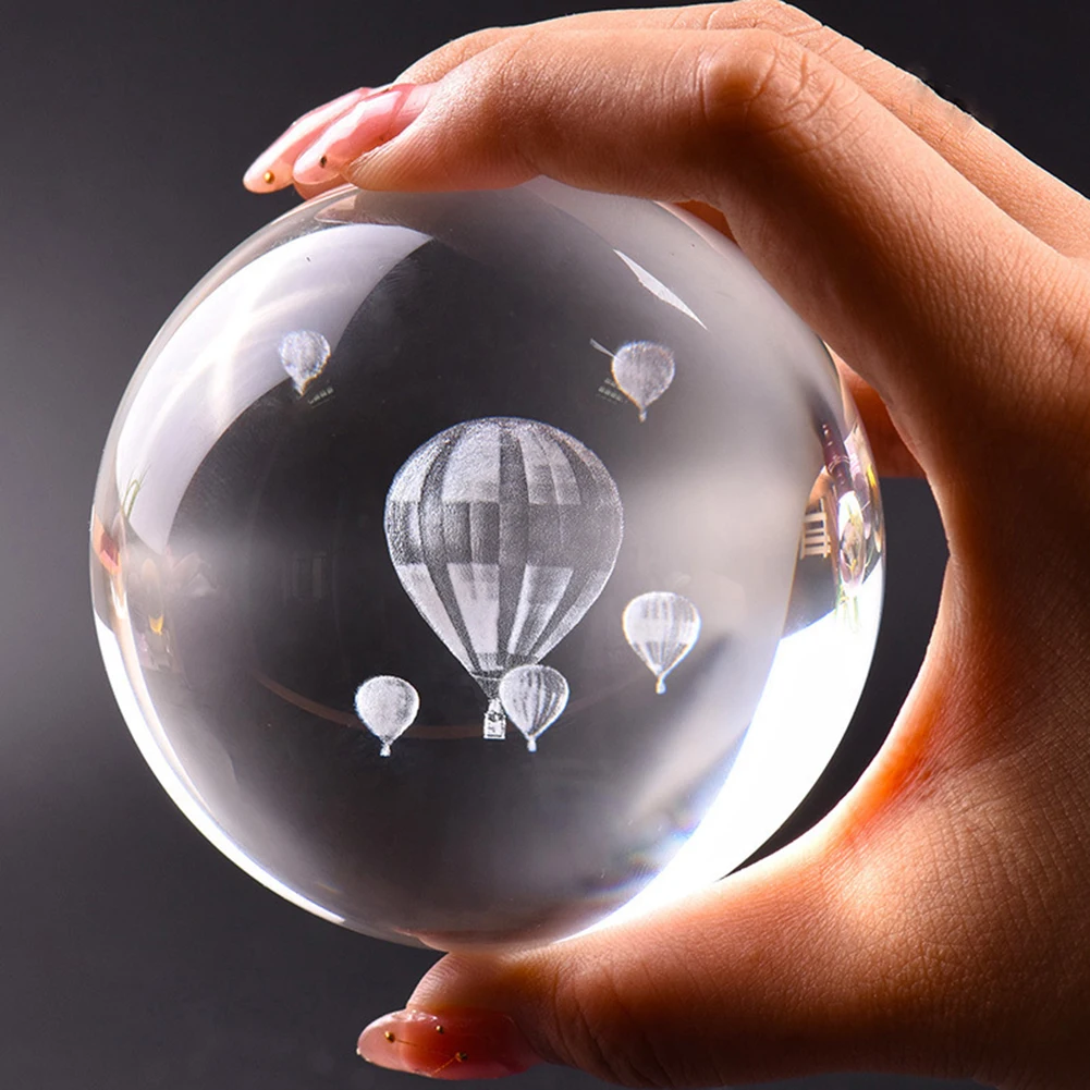 8cm Laser Hot Air Balloon 3D Fake Crystal Glass Ball Quartz FengShui Ornament Craft Travel Take Pictures Home Decorative Ball