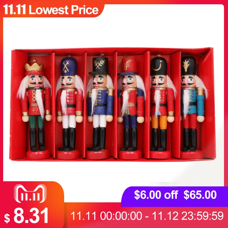 

6PCS/set Christmas Decoration Soldier Wood Made Nutcracker Puppet Desktop Pendants Ornaments for Xmas Tree Party New Year 12cm