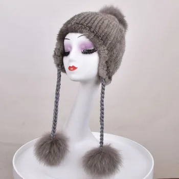 

Winter Women Fur Hat Real Mink Knitting 3 Pompom Fox Fur Beanies Female Earmuffs Warm Cute New Genuine Mink Fur Caps Female