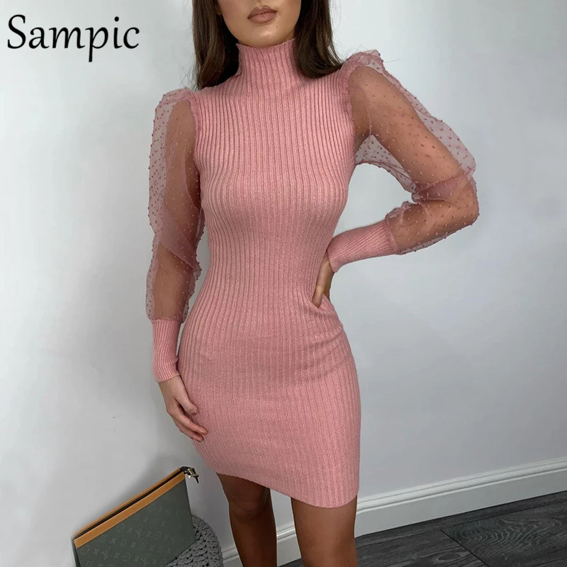 Sampic woman polka dot turtleneck casual party puff mesh long sleeve dress bodycon mini knitted sweater dress autumn winter - Цвет: Pink