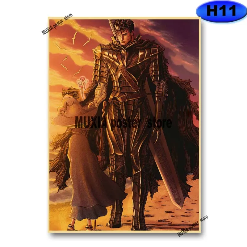 Classic Anime Berserk Poster Retro Kraft Paper Swordsman Posters and Prints Wall Sticker Home Decor Living Room Bar Art Painting