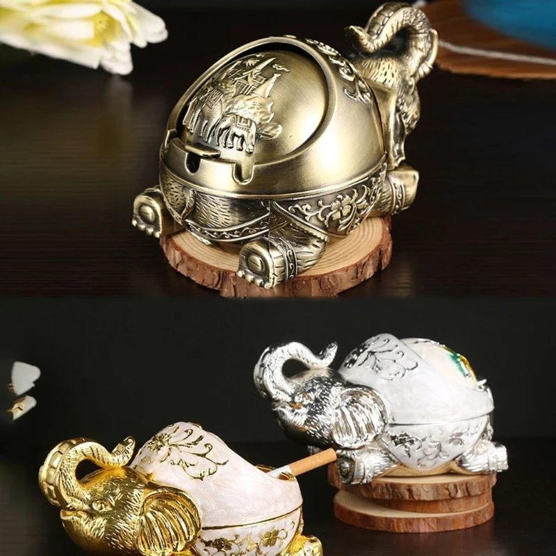 Decorative Windproof Ashtray with Lid for Men Women, Creative Elephant Vintage Metal Cigar Smoking Ashtray Holder