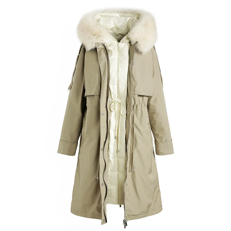 Thick Winter Office Lady Big wool collar two-piece dress White duck down Straight Pattern Collar Detachable Hooded down jacket