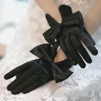 Sheena Bow Satin Gloves – Black