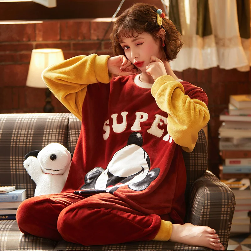 

Winter flannel household cartoon round neck pajamas women's long-sleeved trousers warm home service pajamas set pajamas