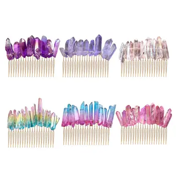 

Women Bridal Raw Quartz Hair Comb Contrast Triple Colored Imitation Crystal Stone Wedding Tiara Ponytail Clip Headpiece Comb