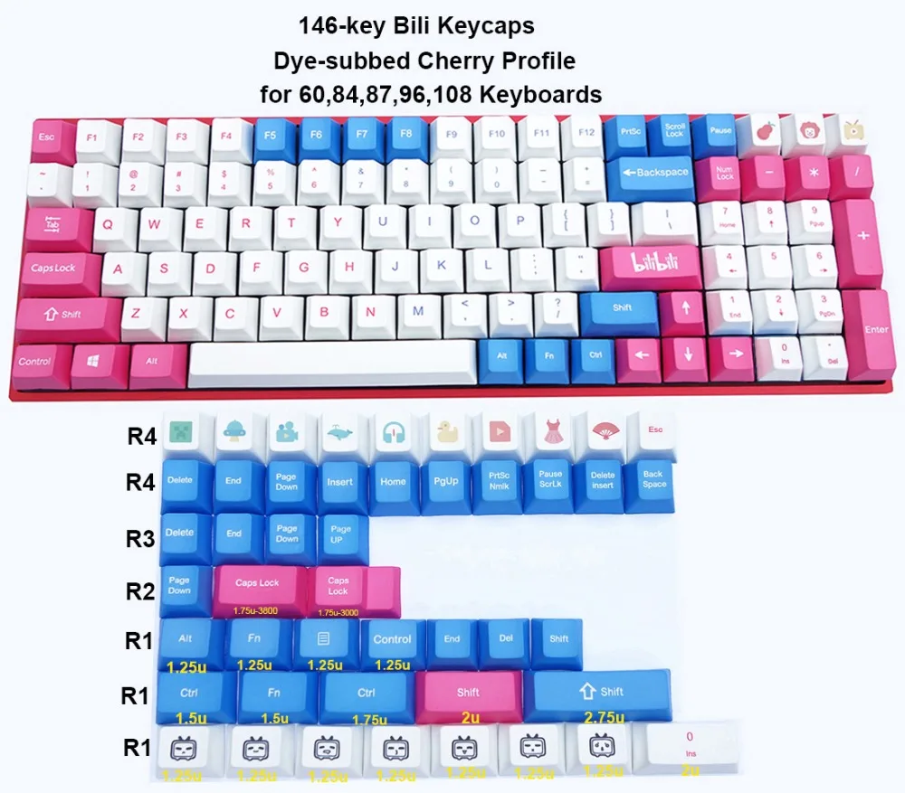 146-key Bilibili краситель-подложные клавишные колпачки pbt Вишневый профиль для переключатели Cherry MX для 60 84 87 96 108 механическая клавиатура