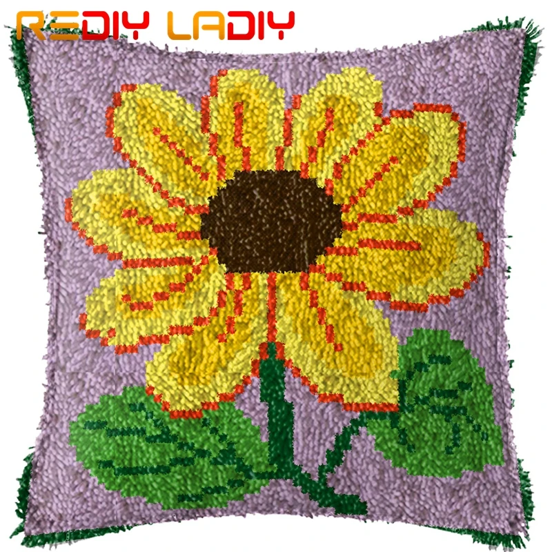 Latch Hook Cushion Gold Sunflowers Pillow Case Printed Color Canvas Acrylic Yarn Latched Hook Pillow Crochet Cushion Cover Kits