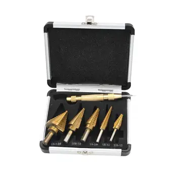 

HSS 5PCS Titanium Step Drill Bit Set with Automatic Center Punch, 50 Sizes in 5 High Speed Steel Drill Bits Set Aluminum Case