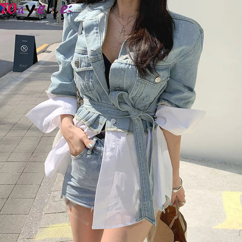 

Vintage Patchwork Demin Jacket Women New 2019 Autumn WinterSashes Lace Up Chic Jeans Jackets Korean Style High Street Outerwear