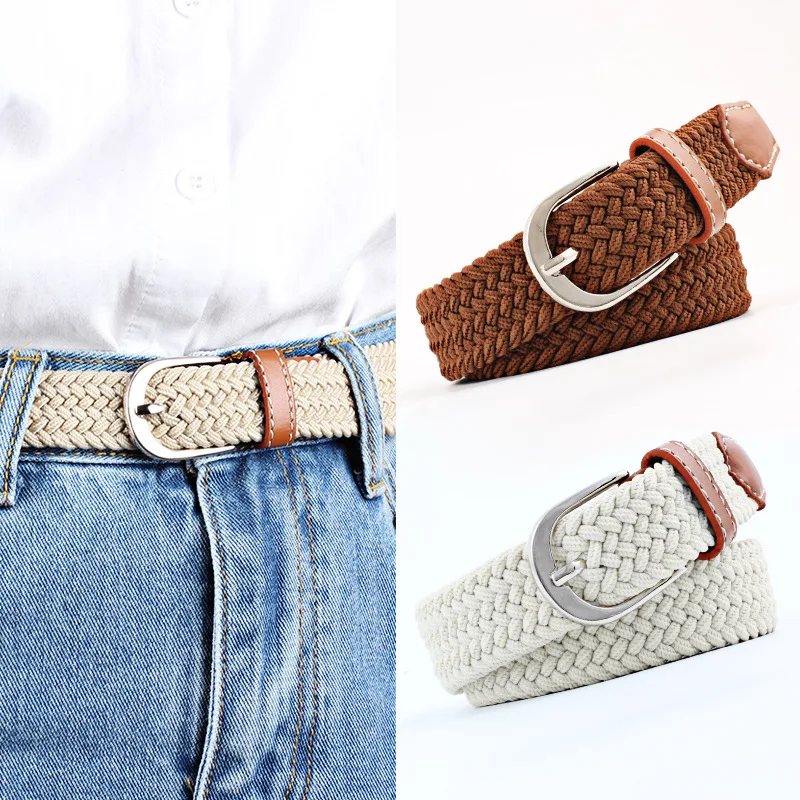 Simple and Stylish Thin Waist Belt Women Casual Elastic Waistband Canvas Buckle Braided Woven Waist Straps Dropshiping-80