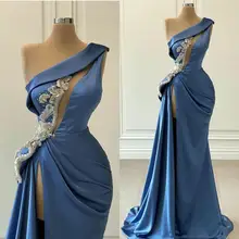Robe de soirée en Satin bleu, asymétrique, épaule dénudée, fente latérale haute, perles, Robe de bal de forme sirène