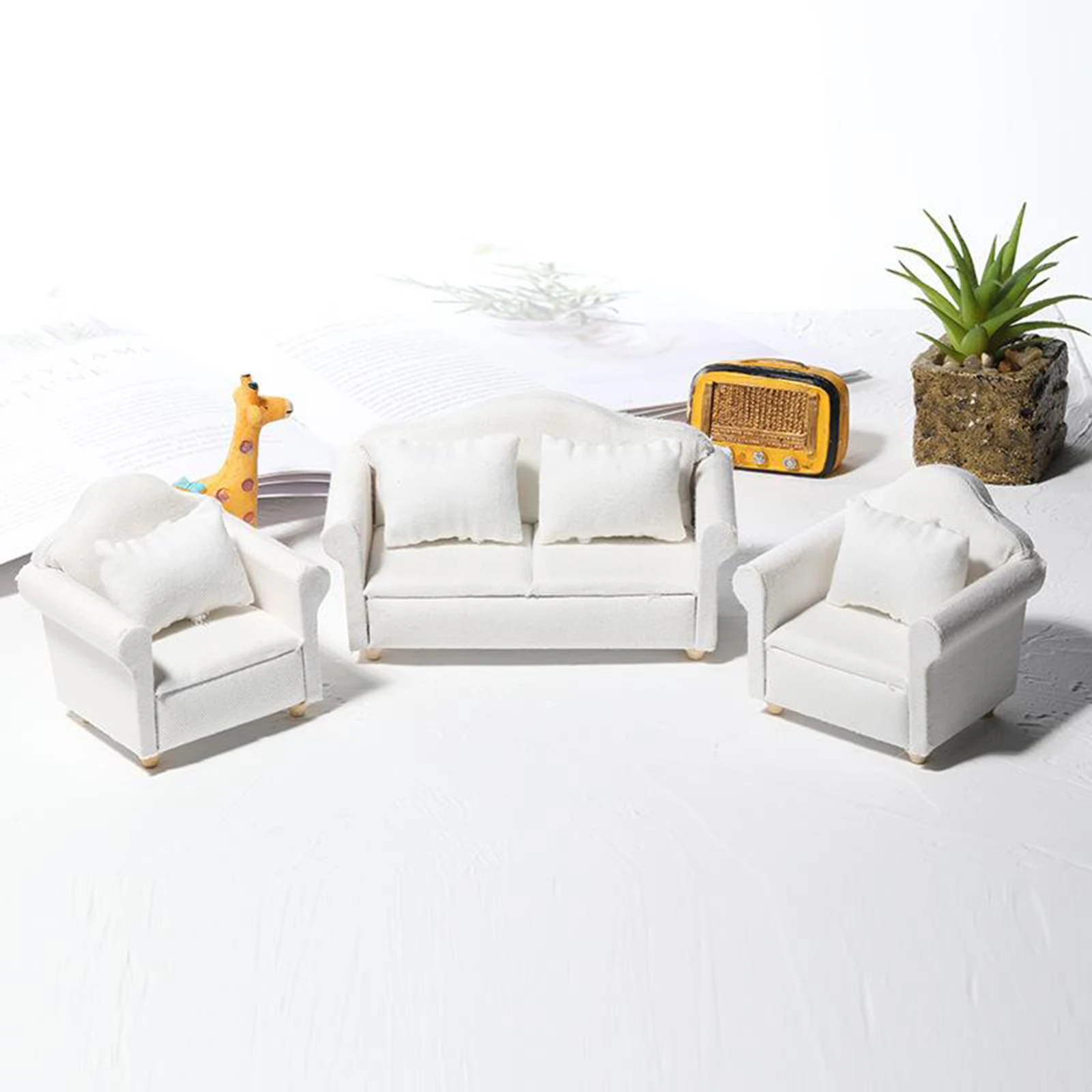 Dollhouse Sofa, Dolls House Furniture Sofa Couch Armchair Love Seat Set with Cushion Pillow - Pure White - 1/12 Scale