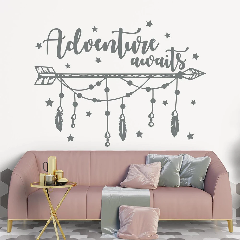 

Quote wall decal adventure awaits boho feather arrow Wall Sticker adventure sticker for bedroom girl room decor Wallpaper B113