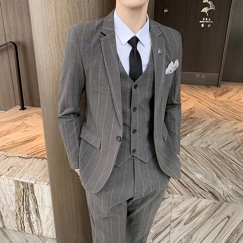 

3 Piece Men Striped Blazers Wedding Suits Men Slim Banquet Formal Wear Tuxedo Business Casual Men Clothing Jacket Vest Pants