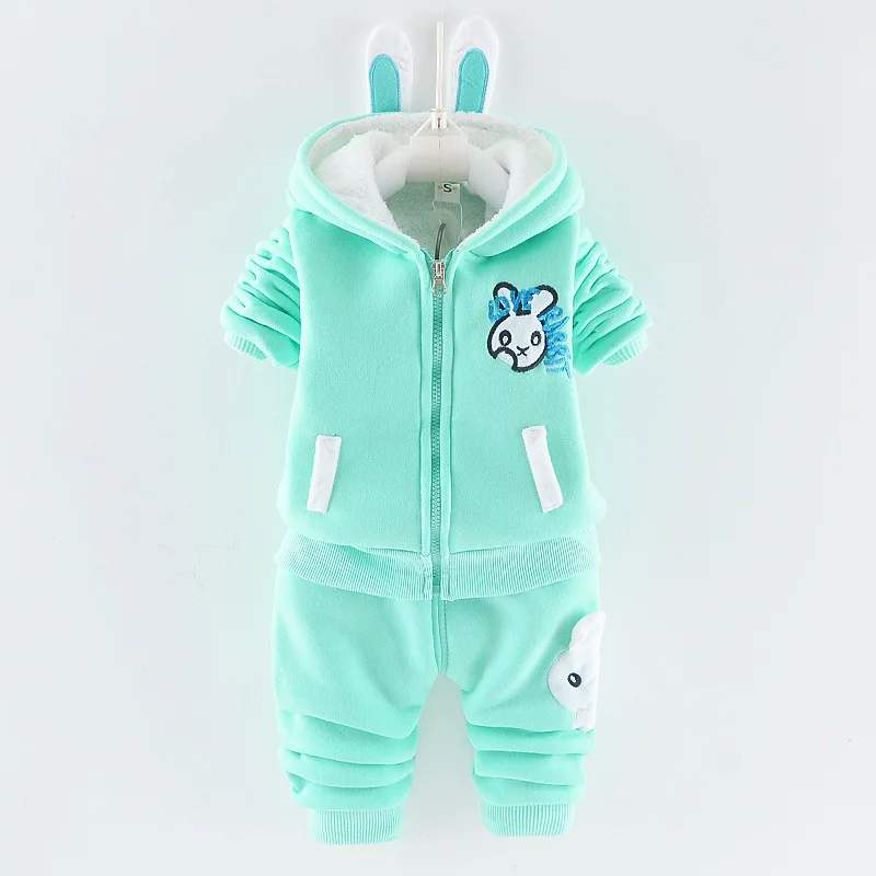 Winter baby clothes plus velvet thick two-piece suit boys and girls toddlers warm cartoon bear hooded jacket pants baby suit new baby clothing set	