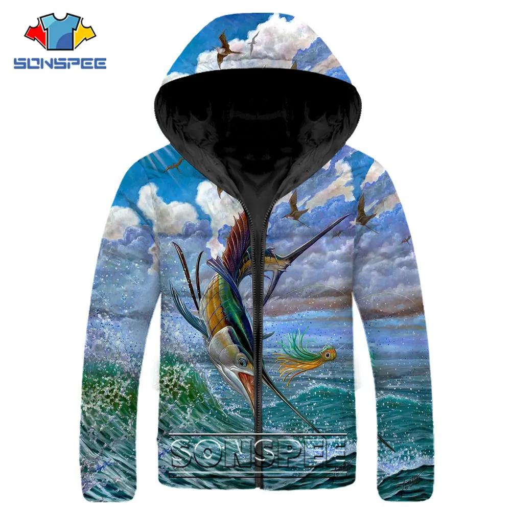 Sailfish Fishing Casual Parkas 3D Print Deep Sea Creatures Coat Winter Men Women Fashion Zipper Hooded Warm Thick Puffer Jacket
