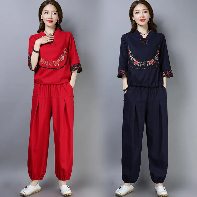 

2019 New Style Ethnic-Style WOMEN'S Dress Cotton Linen Embroidery Loose Tops + Loose Pants Set