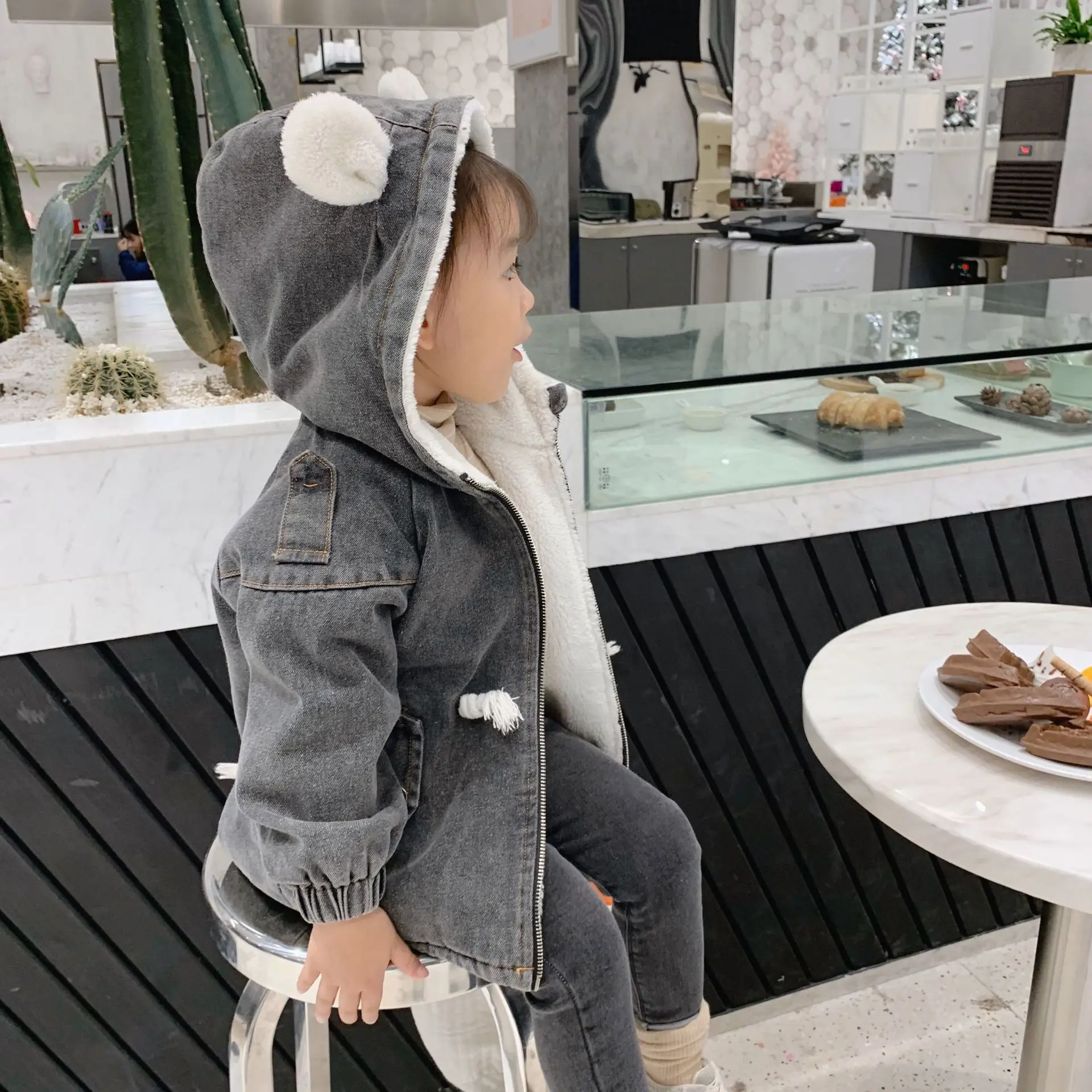 WLG girls winter coats kids cartoon style denim black velvet thick outerweawr baby girl warm casuasl all match clothes 2-6 years