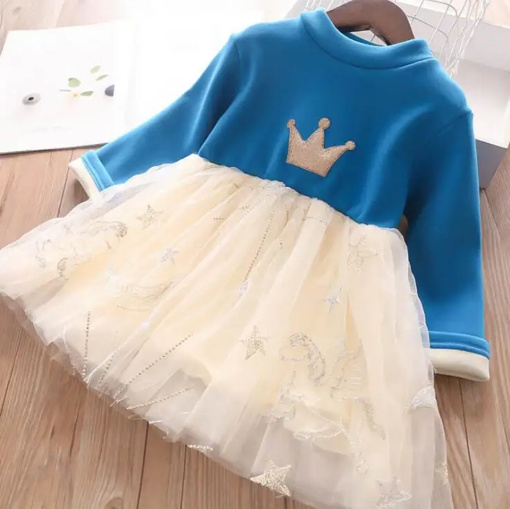 Child Kids Crown Fleece Lining Patchwork Tulle Clothing Blue Black Color Princess Western Party Tutu Lovely Girls Dresses