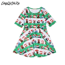 Рождественское платье для девочек с принтом кошки и собаки; платья на День Благодарения для девочек; праздничное платье для рождественской елки; 8165