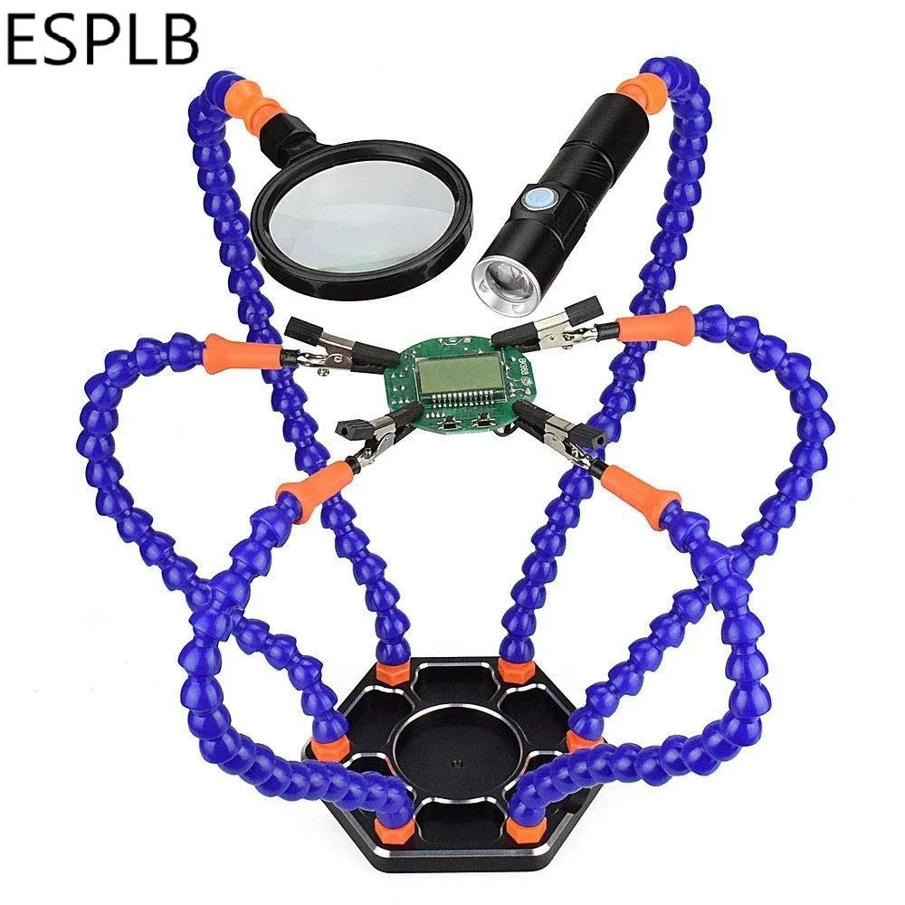 Magnifying USB Flashlight Soldering Station Third Helping Hand Holder Multi Welding Hand Tools with 6 Flexible Arms Black/Blue