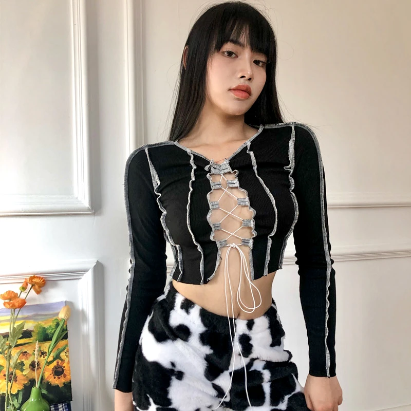 2020 Women Sexy Hollow Out Bandage Tops Women Black Ribbed Knitting Tee Shirt Female 2020 Autumn Club Party Street Casual Wear