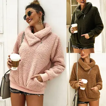

Autumn Winter Long Sleeve Warm Fleece Sweater Loose Tops Pullovers Jumper Thick Zipper Soft kangaroo Pockets Coat Outwear Women