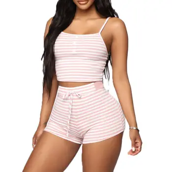 

Trendy Women Summer Casual Striped Tank Shorts Suit Female Sports Elastic Waisted Holiday Beach Party Club Set Outfits