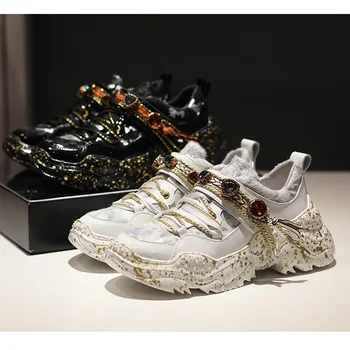 

Beading Strap White Black Leather Sneakers Chunky Sole Printing Platform Height Increasing Shoes Women