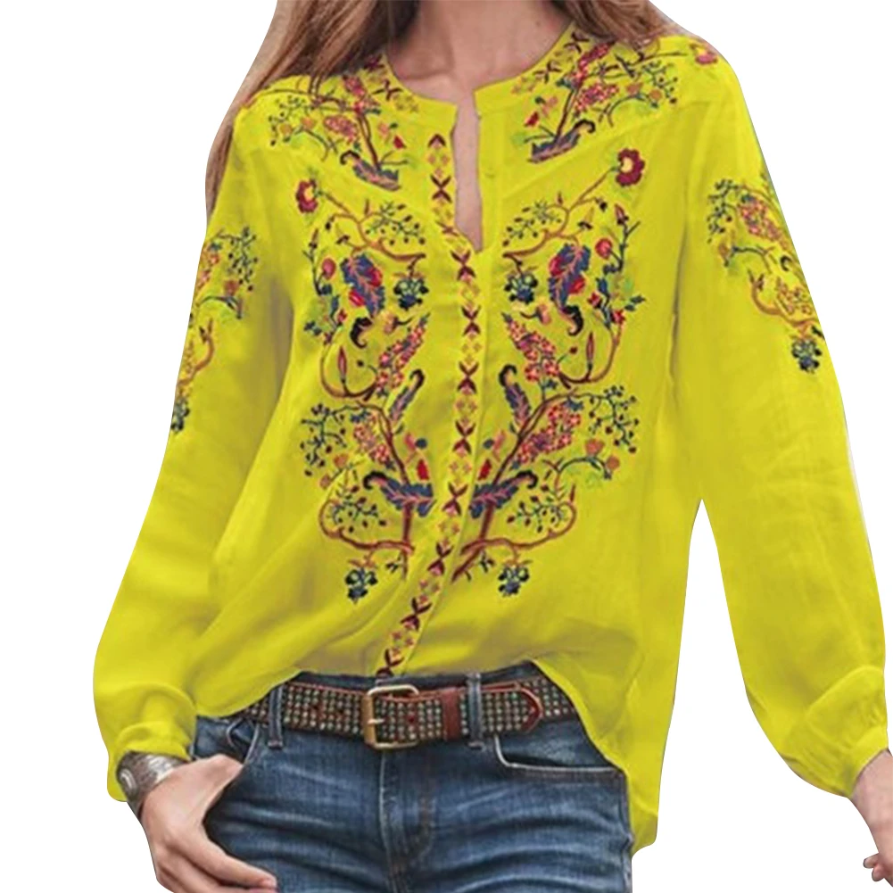 Полиэфирные Модные свободные повседневные женские вечерние летние Этнические женские топы с рукавами-фонариками женская блузка с вырезом лодочкой - Цвет: Цвет: желтый