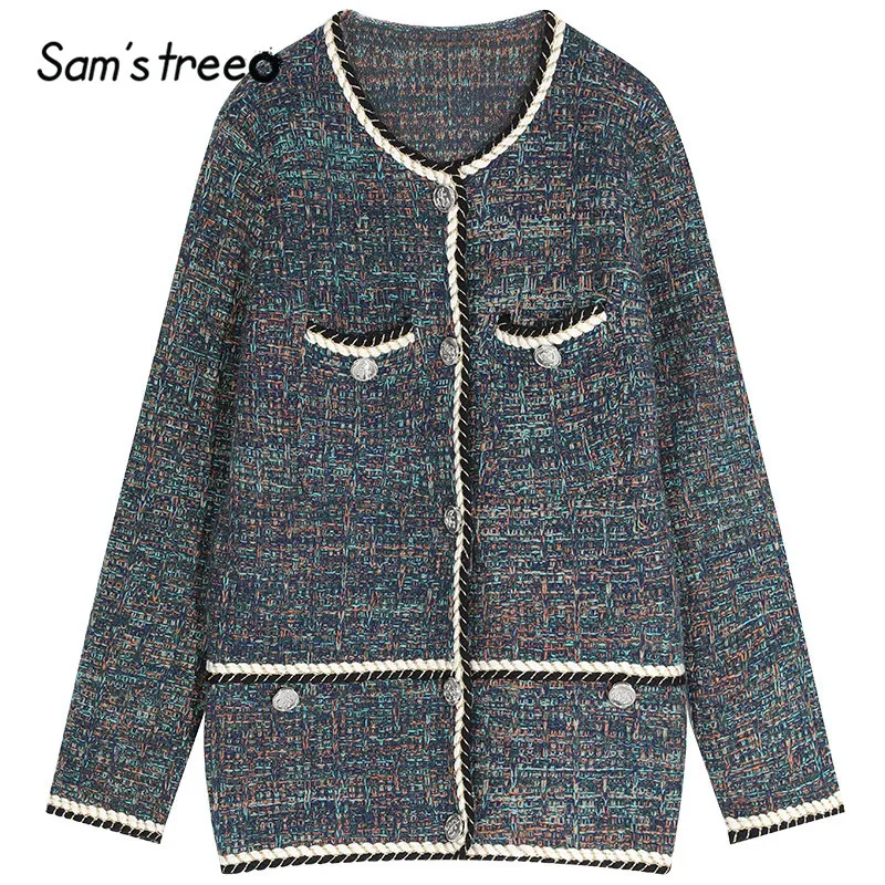 Зеленый SAM'S TREE/разноцветное твидовое цветное Женское пальто в Корейском стиле зимнее однобортное офисное Женское пальто с жемчугом Базовая верхняя одежда - Цвет: Зеленый