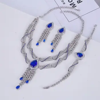 

Water Drop Tassel Leaf Fahsion Wedding Jewelry Sets For Women Luxury Micro Pave Zircon Engagement Earrings Necklaces Set