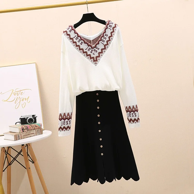 

Fall Winter Big Yards Vintage Fashion Two Pcs Knitted Suit Women V Neck Pullover Sweater Long Pleated Skirt Outfit Knitwear