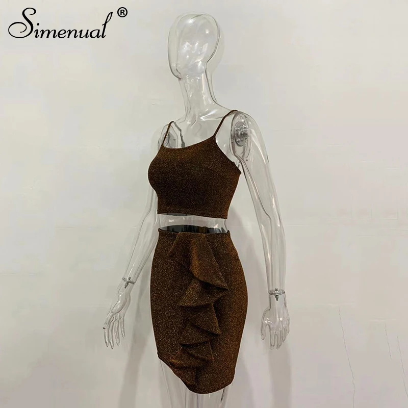 Simenual, блестящие оборки, горячие вечерние комплекты для женщин, сексуальный Модный Шелковый клубный костюм, майка без рукавов и юбка, комплект из двух предметов