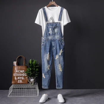 

Japanese retro denim jumpsuit men's denim hip hop hole nine pants fashion slim suspenders bib pants