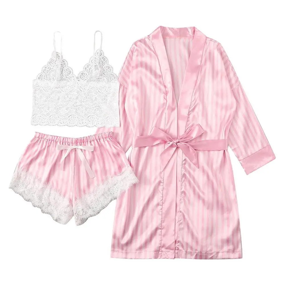 Женская Сексуальная атласная пижама в полоску, модный халат размера плюс, ночные рубашки, удобная ночная рубашка, Batas Para Dormir Mujer - Цвет: Pink B