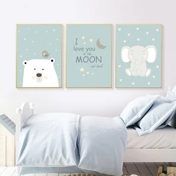 

Nursery Home Decor Canvas Painting Cartoon Animal Elephant Bear Good Night Illustration Blue Theme Child Baby Room Wall No Frame