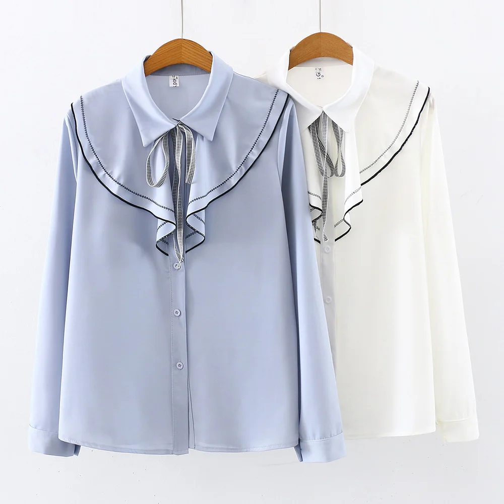 

Women's Blouse Tops Long Sleeve Women Loose Blouses Design Ruffled Turn-down Collar Lacing White Shirt Office Ladies Workwear
