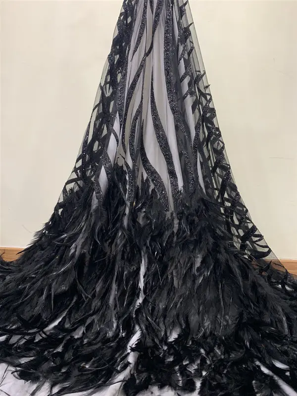 Африканский тюль кружевная ткань с блестками Высокое качество нигерийское кружево благородное 3D перо кружевная ткань ручной работы DIY украшение для женщин - Цвет: Черный