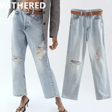 

Dave&Di 2020summer england retro high street hole loose high waist jeans woman ripped mom jeans boyfriend jeans for women