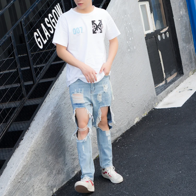 Trendy men's summer big hole leakage knee 9 / 9 jeans men's and women's lovers' Korean version thin beggar pants 3