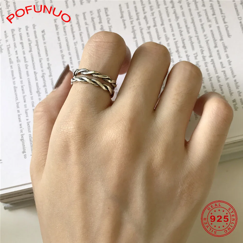 POFUNUO кольца из стерлингового серебра 925 пробы винтажные двухслойные