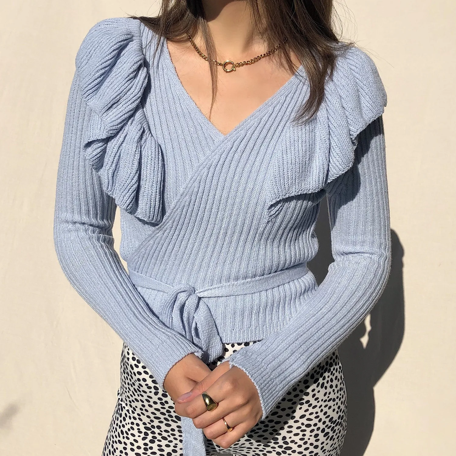 

Autumn Winter Women Soft Warm Knitted Cropped Cardigan Sweater Female Coat V Neck Solid Color Belt Ruched Loose Outwear