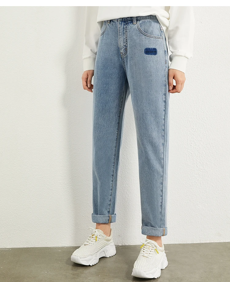 AMII Minimalism Autumn Fashion Embroidery Female Jeans Causal Cotton High Waist Straight Ankel-length Female Jeans 12070215