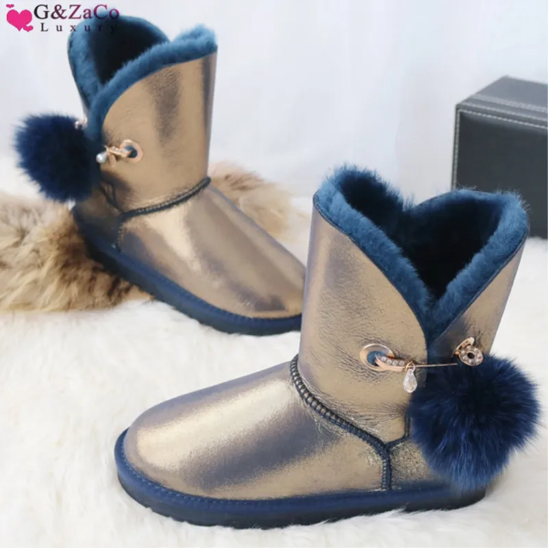 

G&Zaco Genuine Sheepskin Boots Women leather Wool Snow Boots australia Suede Mid-Calf Sweet Fox Fur Ball winter Women's Boot
