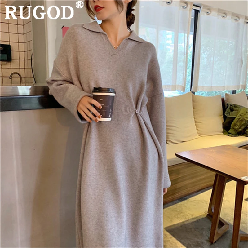 RUGOD элегантное однотонное вязаное длинное платье-свитер женское модное