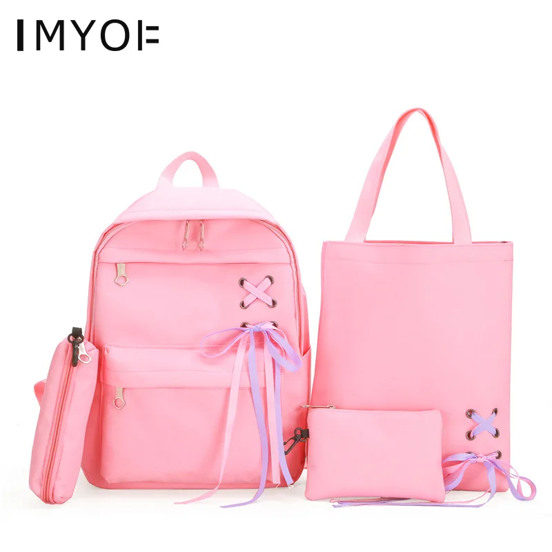 

4 Pcs/Set Casual Women's Backpacks Canvas Solid Color Bow Girls School Bag for Teenager Student Ladies Travel Big Shoulder Bag
